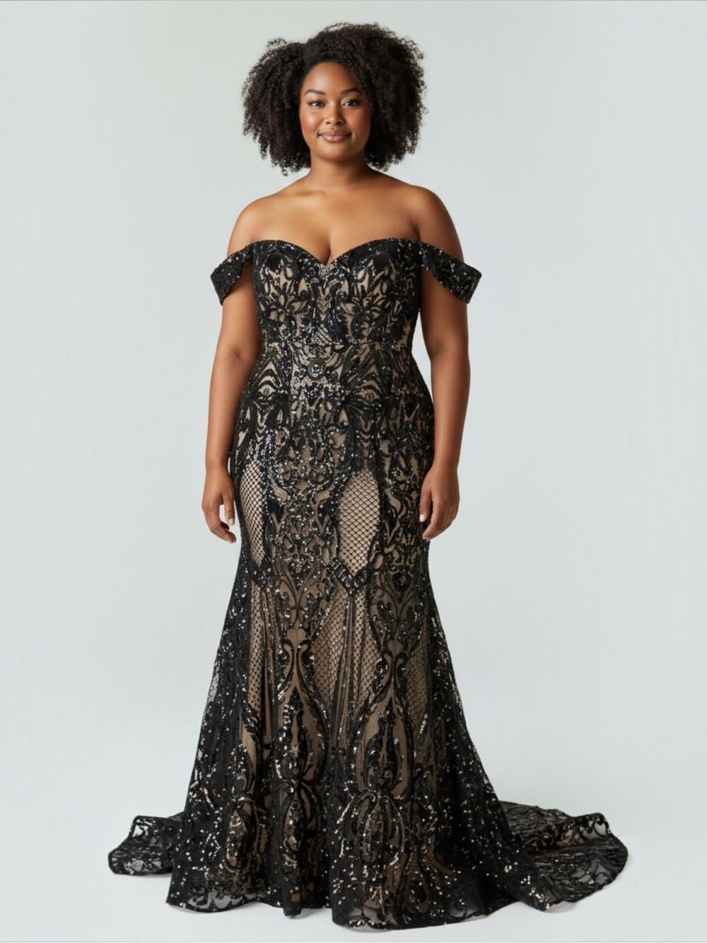 Plus Size Off-Shoulder Black Sequin Lace Wedding Dress